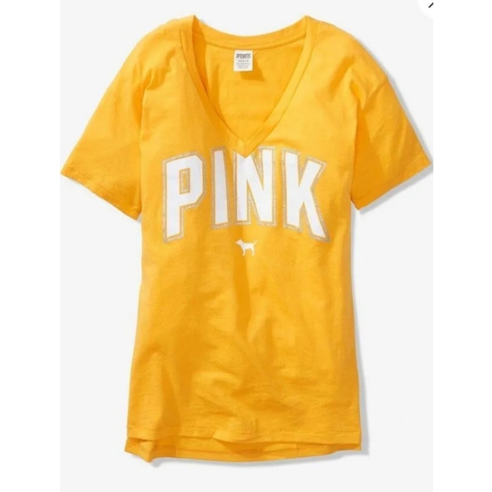 Victoria's Secret PINK V Neck Yellow Short Sleeve T-shirt Women Size XS